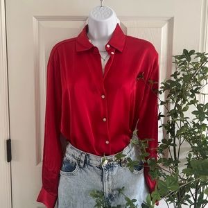 Zara Size S Red Satin Button Down Blouse NWT